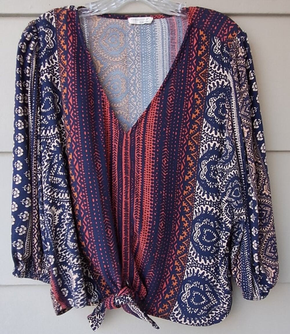 LOVESTITCH Bohemian V neck Tie Front Boxy Blouse Top Blue Red 3/4 balloon Sz L